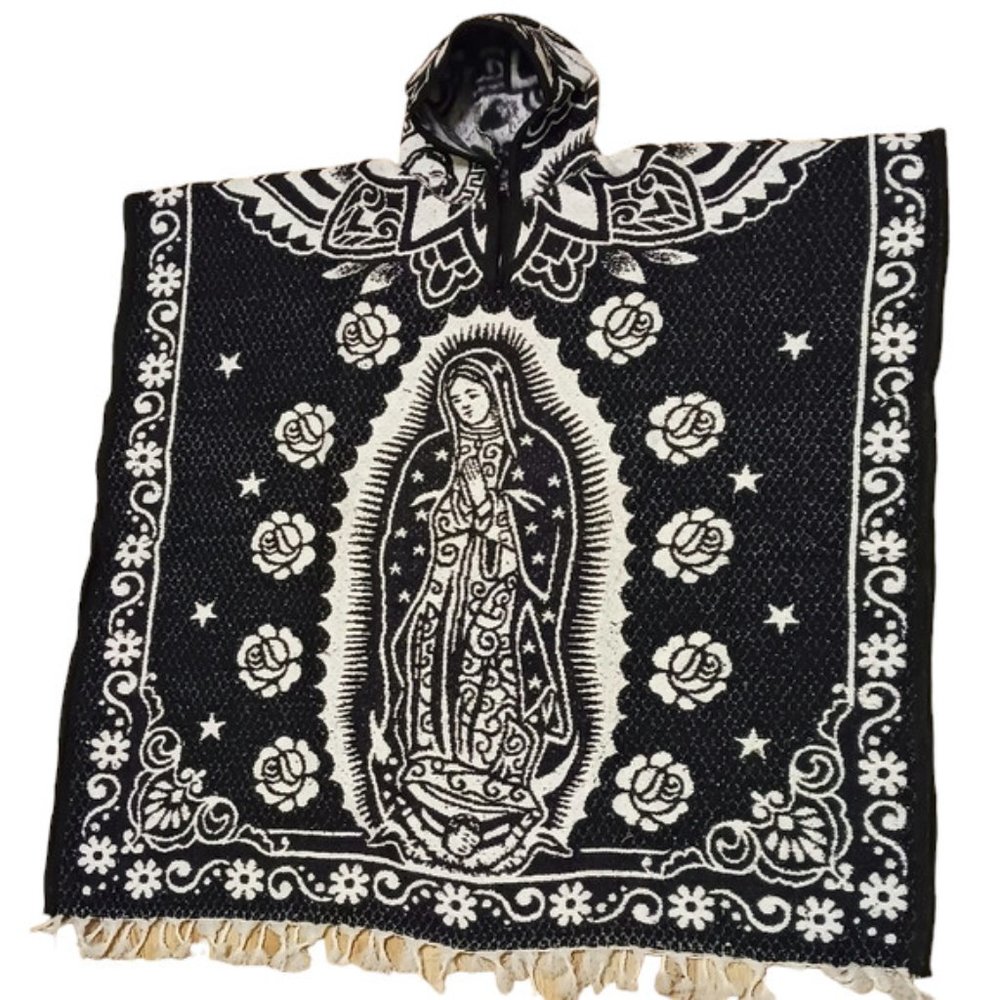 Mexican Poncho with Hoodie | The Virgin Mary and San Judas Tadeo | Black